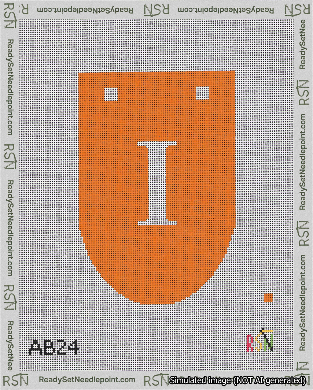 A taped needlepoint canvas with the design: Banner 18 mesh count Rounded I White on Orange.