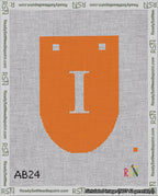 A taped needlepoint canvas with the design: Banner 18 mesh count Rounded I White on Orange.