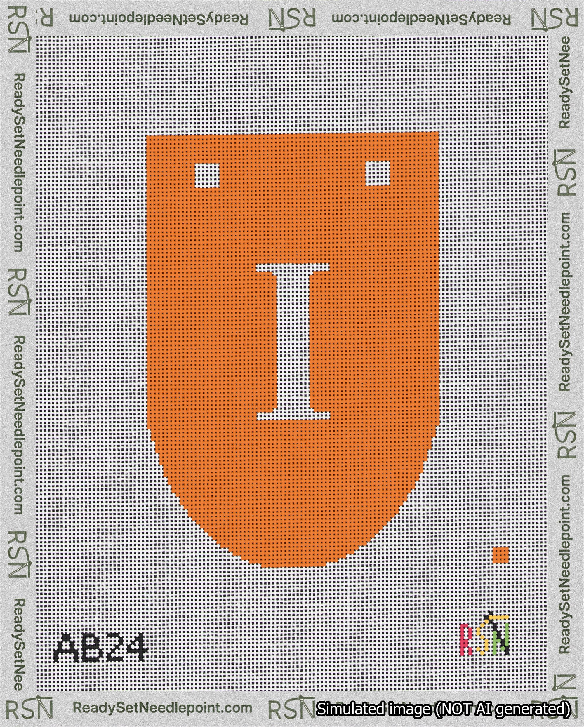A taped needlepoint canvas with the design: Banner 18 mesh count Rounded I White on Orange.