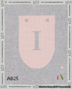 A taped needlepoint canvas with the design: Banner 18 mesh count Rounded I White on Pink.