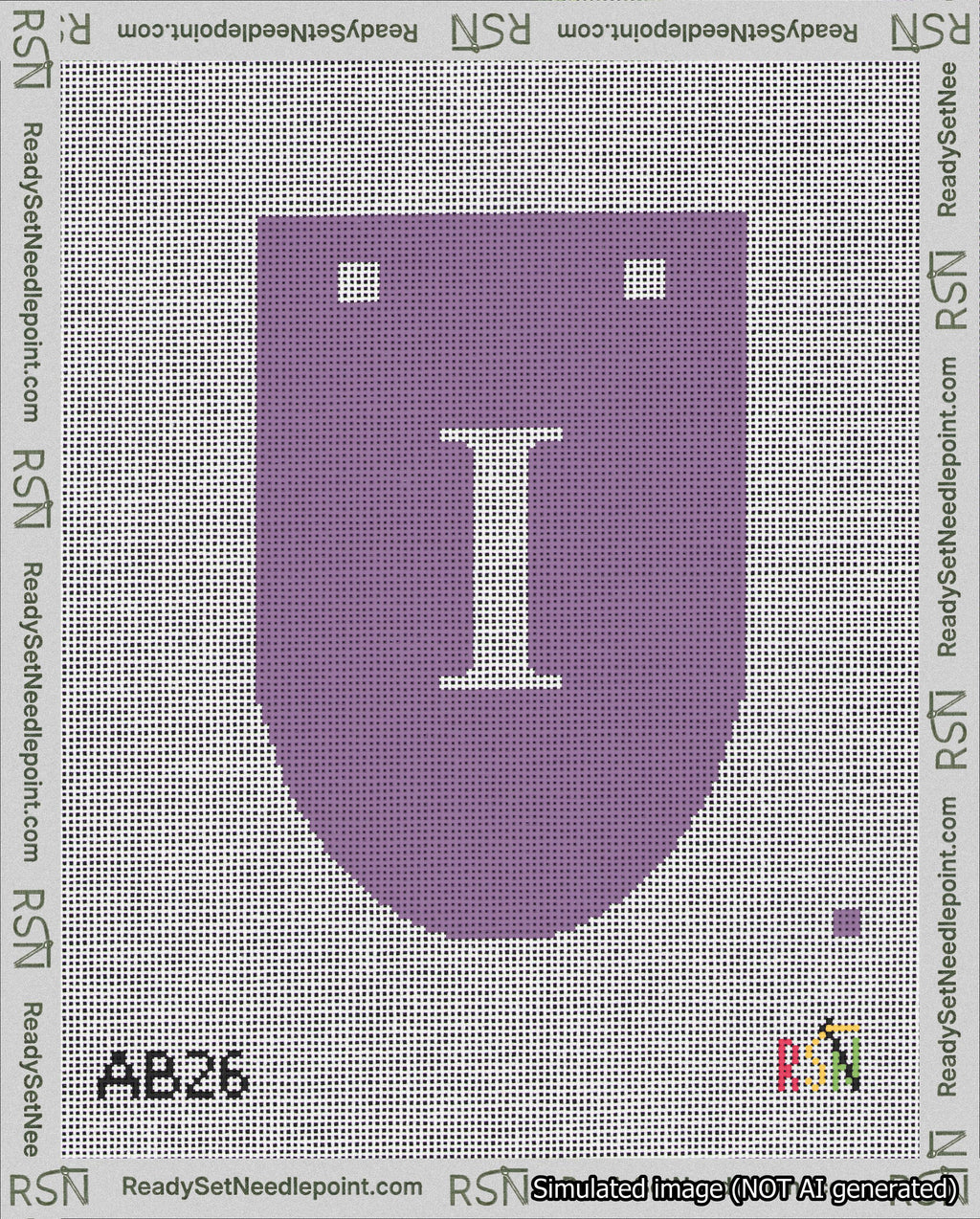 A taped needlepoint canvas with the design: Banner 18 mesh count Rounded I White on Purple.