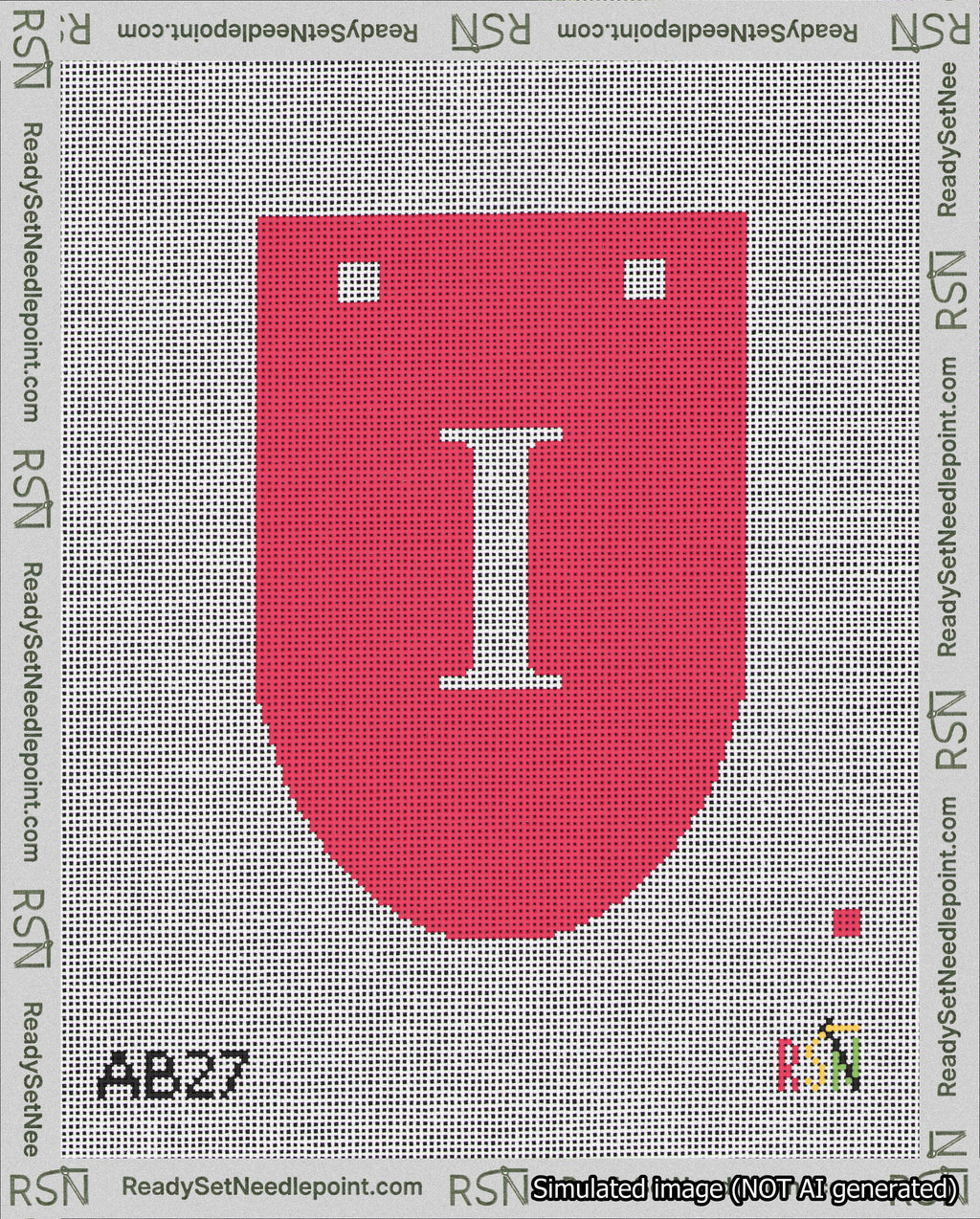 A taped needlepoint canvas with the design: Banner 18 mesh count Rounded I White on Red.