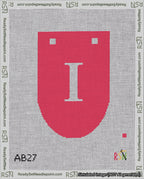 A taped needlepoint canvas with the design: Banner 18 mesh count Rounded I White on Red.