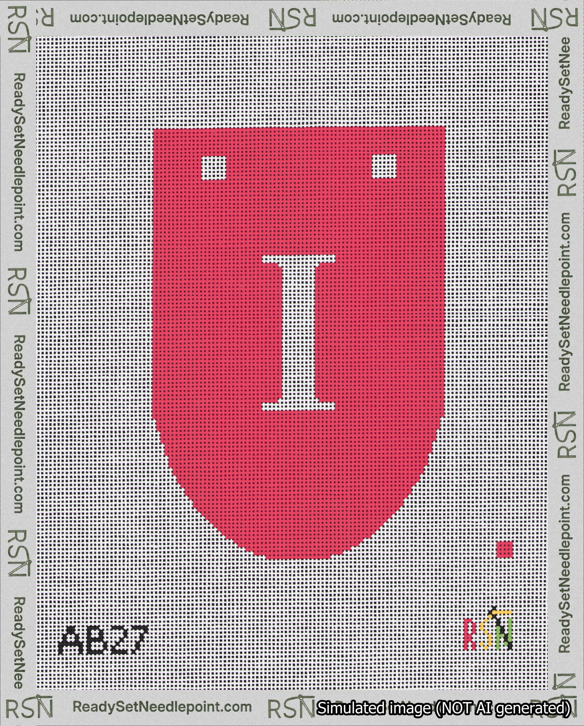 A taped needlepoint canvas with the design: Banner 18 mesh count Rounded I White on Red.
