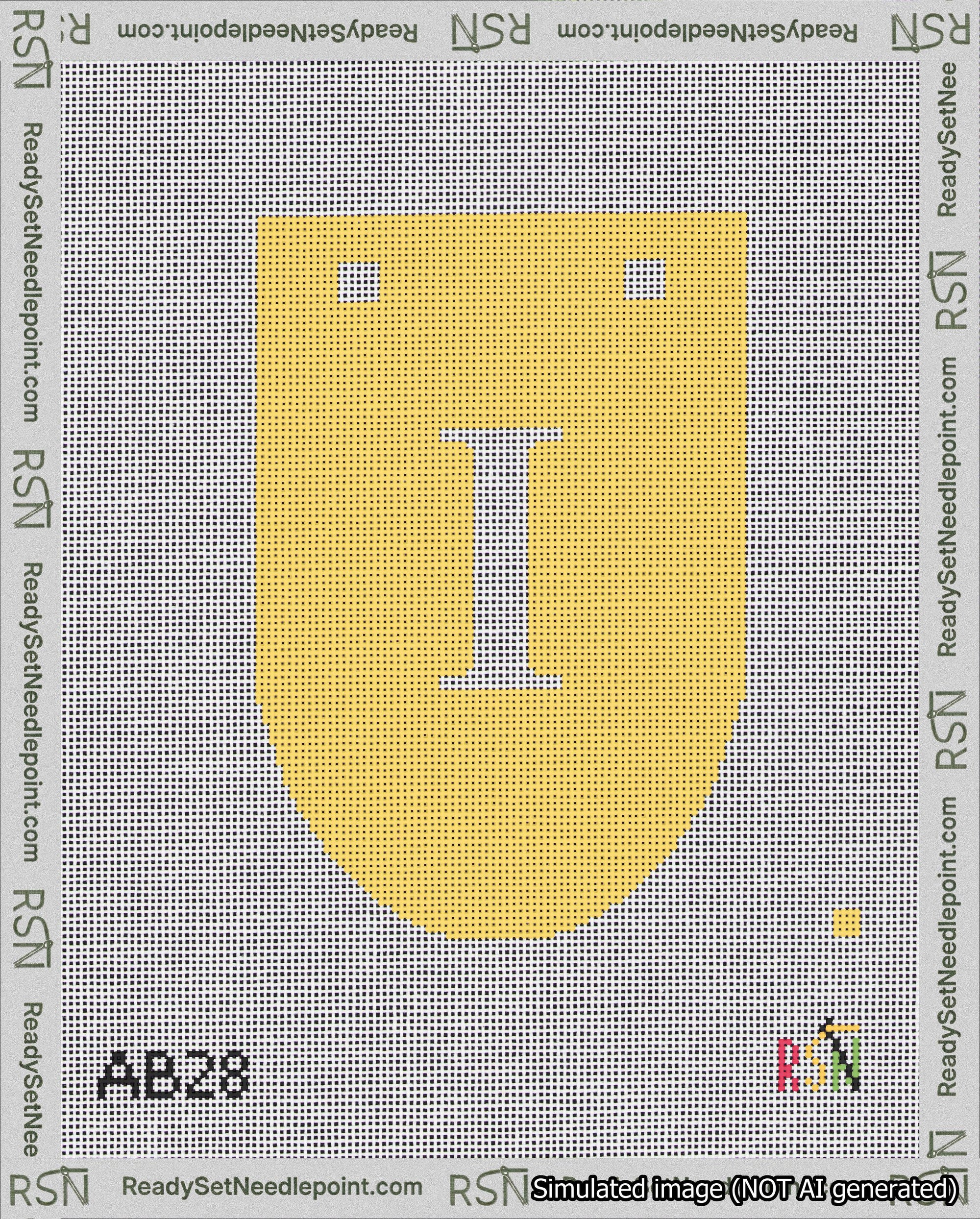 A taped needlepoint canvas with the design: Banner 18 mesh count Rounded I White on Yellow.
