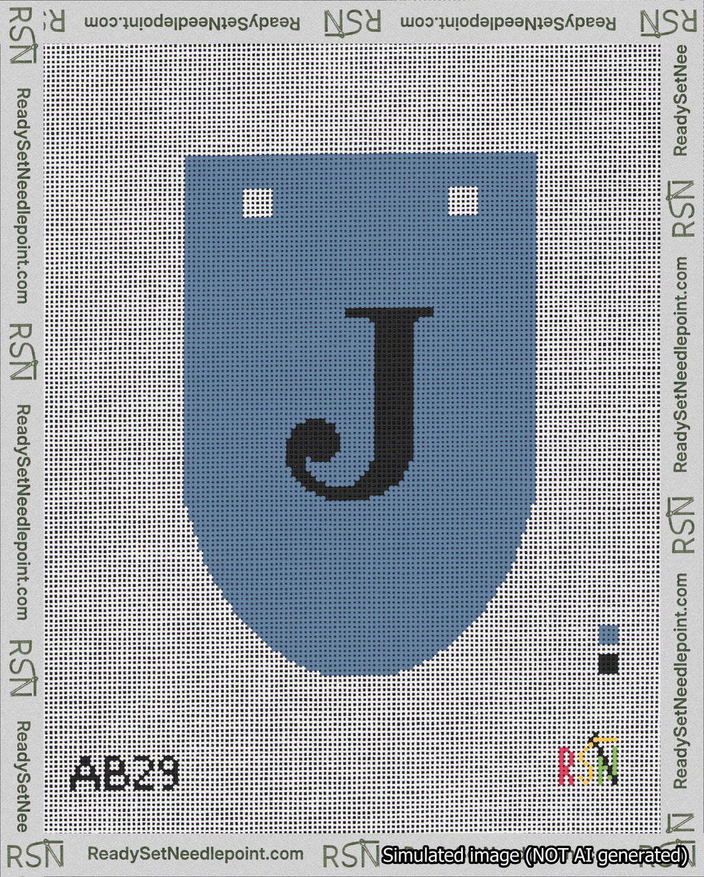 A taped needlepoint canvas with the design: Banner 18 mesh count Rounded J Black on Blue.