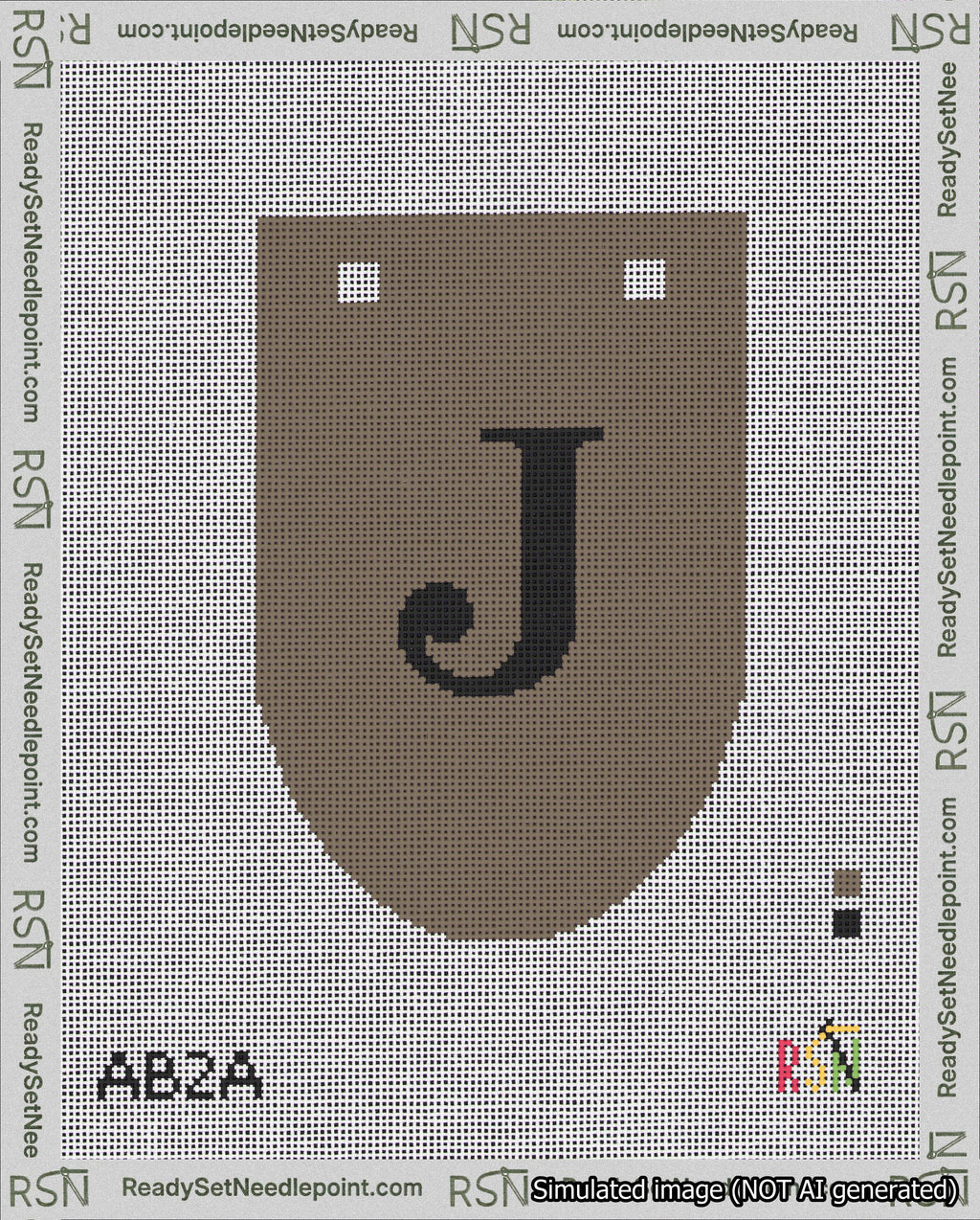 A taped needlepoint canvas with the design: Banner 18 mesh count Rounded J Black on Brown.