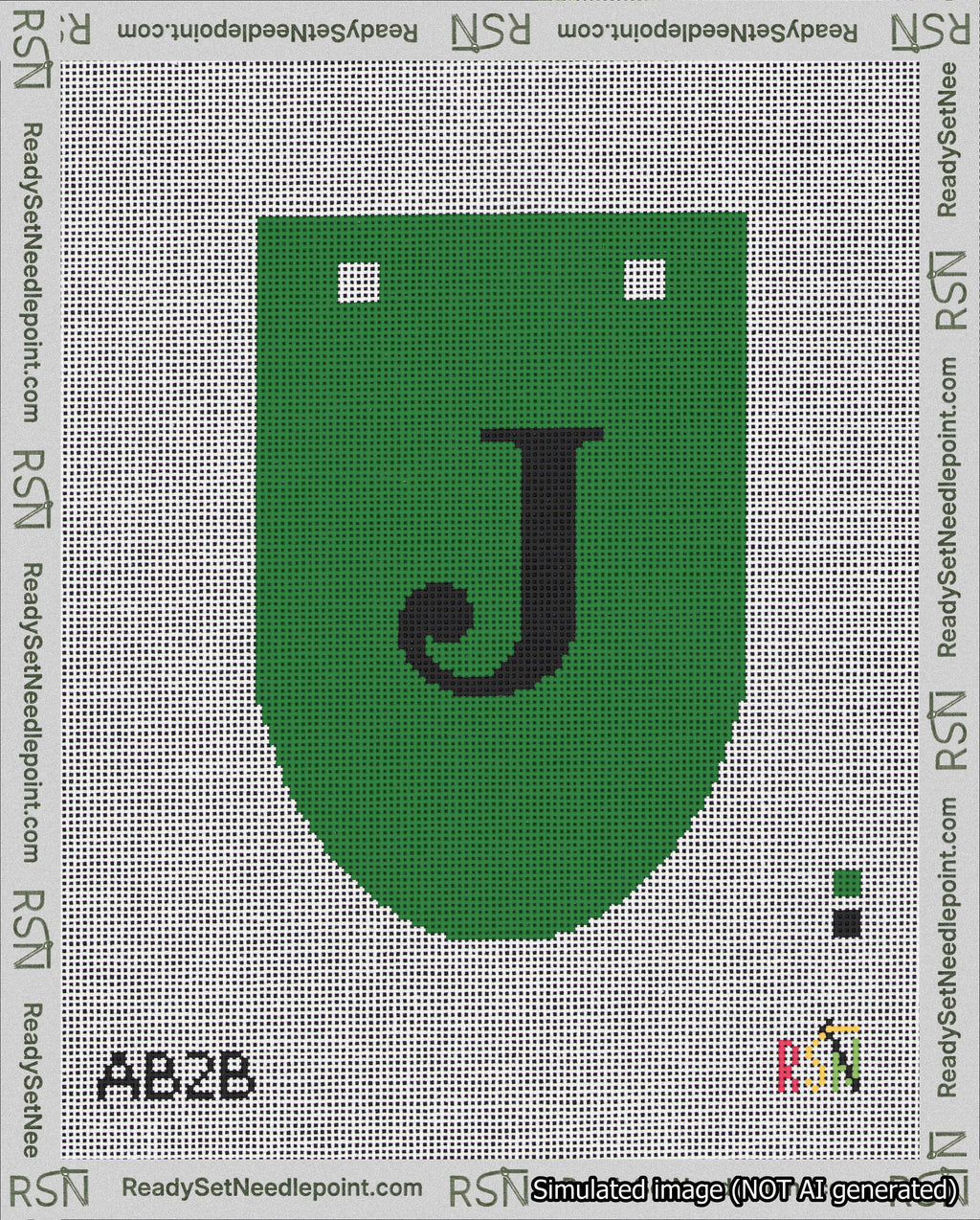 A taped needlepoint canvas with the design: Banner 18 mesh count Rounded J Black on Green.