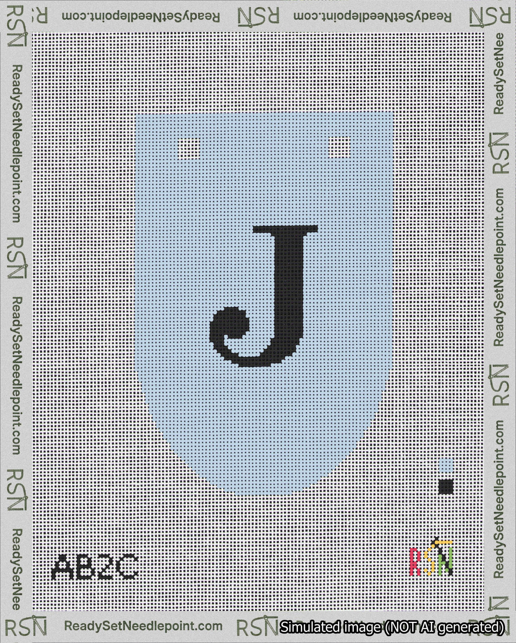 A taped needlepoint canvas with the design: Banner 18 mesh count Rounded J Black on Light Blue.