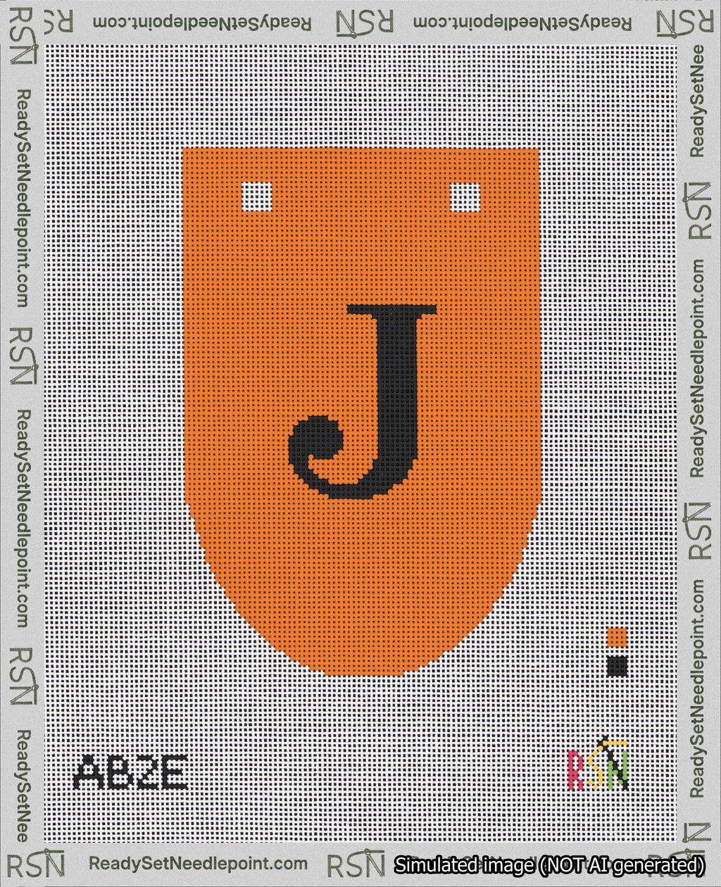 A taped needlepoint canvas with the design: Banner 18 mesh count Rounded J Black on Orange.