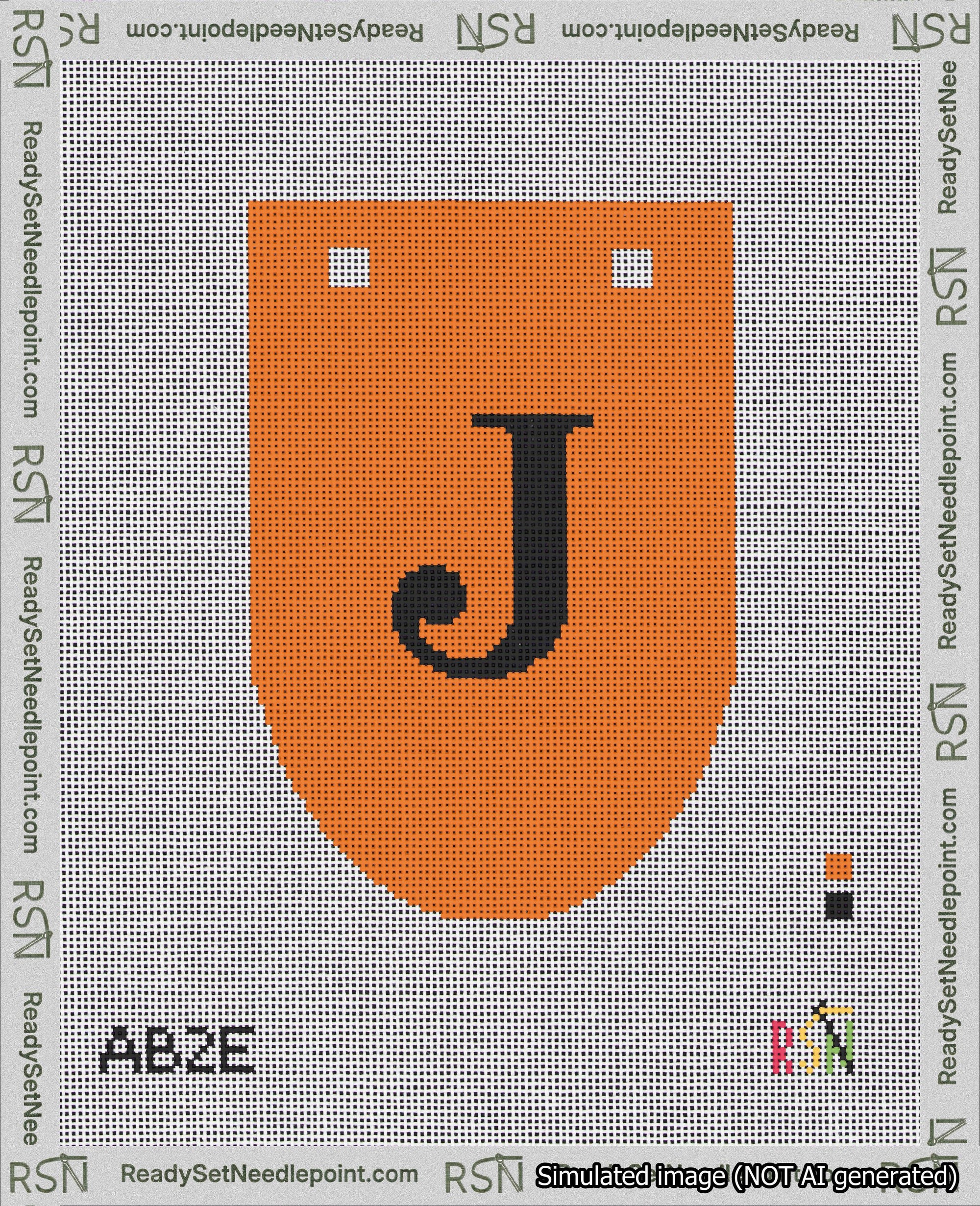A taped needlepoint canvas with the design: Banner 18 mesh count Rounded J Black on Orange.