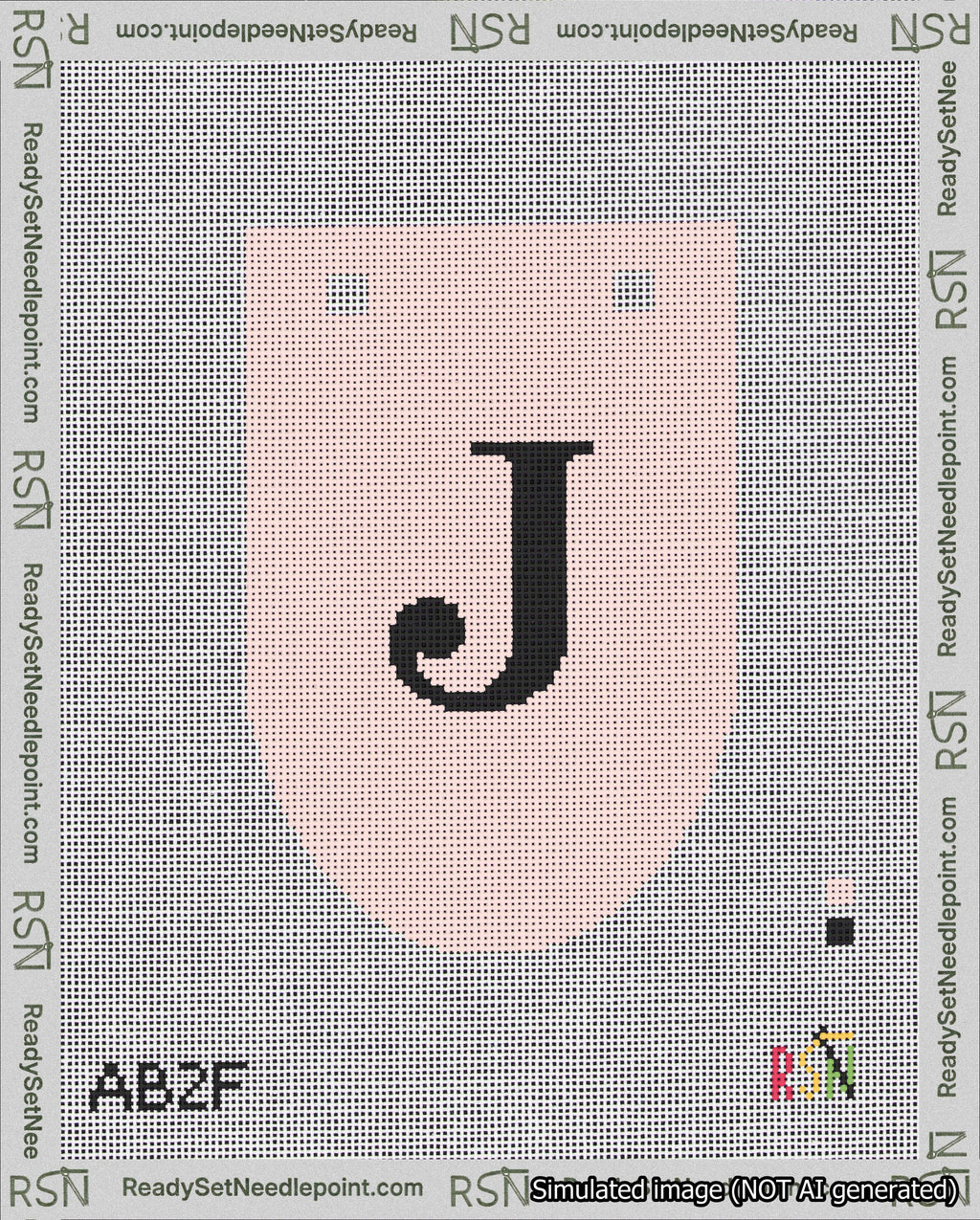 A taped needlepoint canvas with the design: Banner 18 mesh count Rounded J Black on Pink.