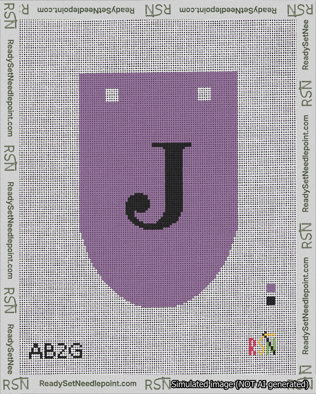 A taped needlepoint canvas with the design: Banner 18 mesh count Rounded J Black on Purple.
