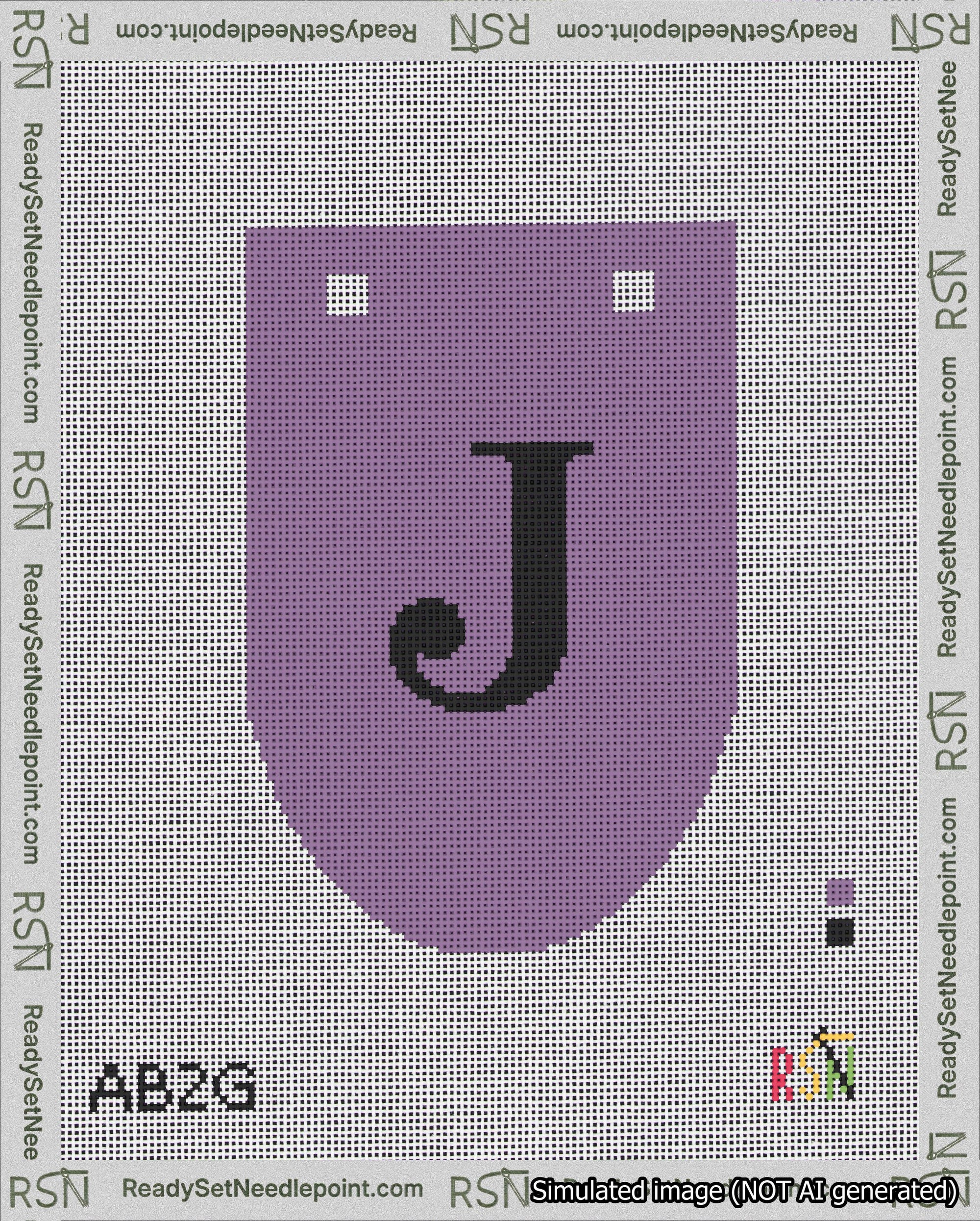 A taped needlepoint canvas with the design: Banner 18 mesh count Rounded J Black on Purple.