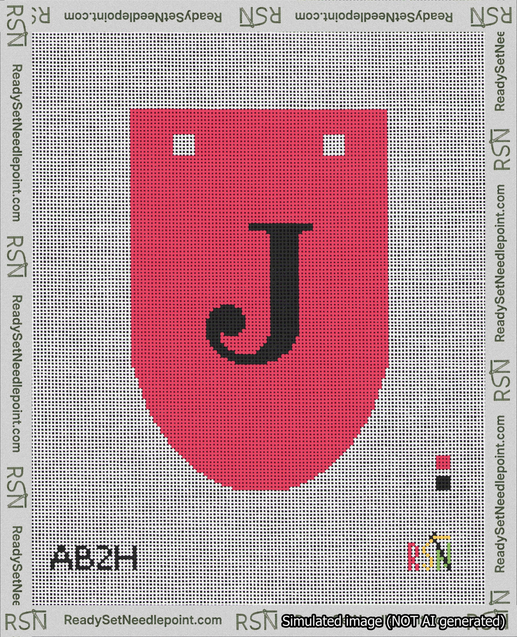 A taped needlepoint canvas with the design: Banner 18 mesh count Rounded J Black on Red.