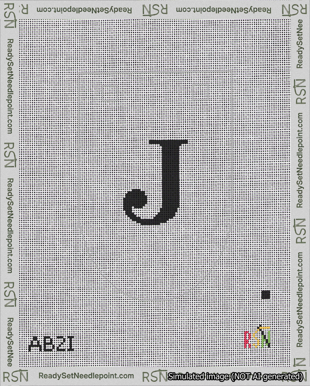 A taped needlepoint canvas with the design: Banner 18 mesh count Rounded J Black on White.