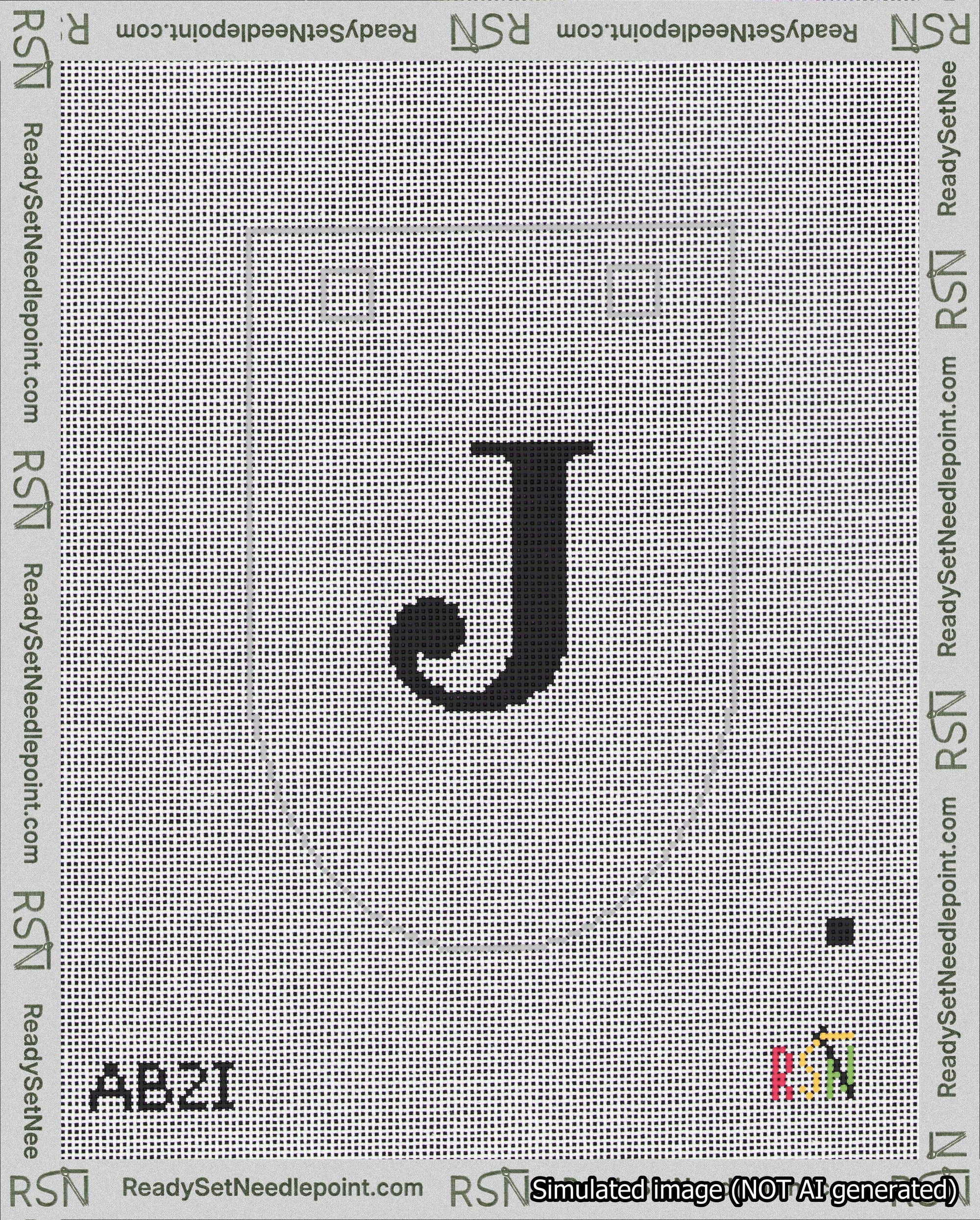 A taped needlepoint canvas with the design: Banner 18 mesh count Rounded J Black on White.