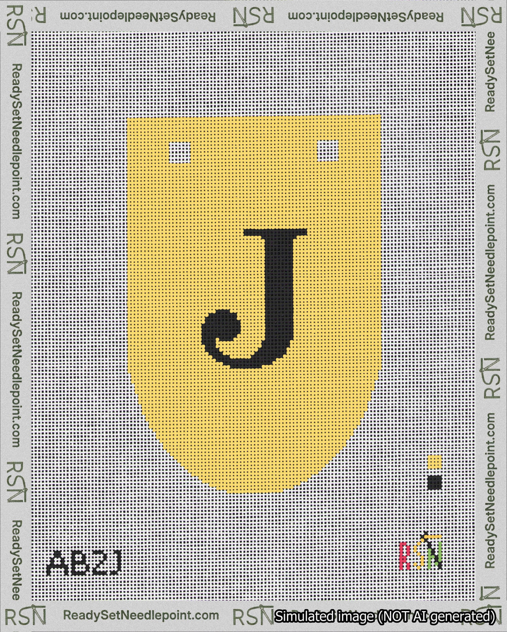 A taped needlepoint canvas with the design: Banner 18 mesh count Rounded J Black on Yellow.