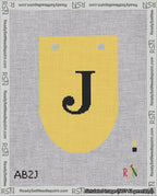 A taped needlepoint canvas with the design: Banner 18 mesh count Rounded J Black on Yellow.