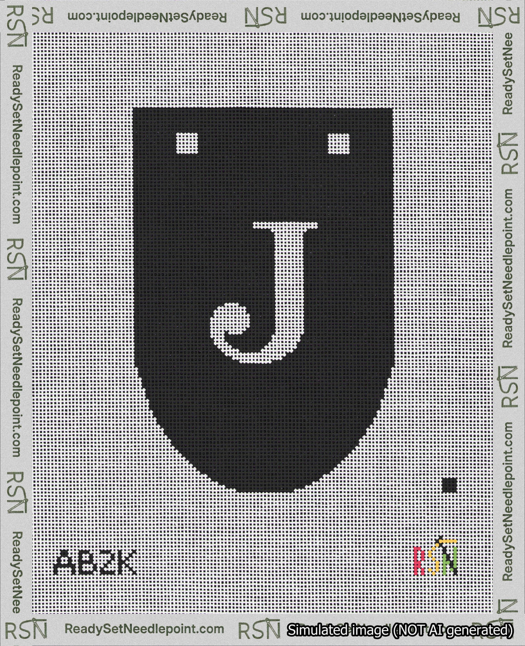 A taped needlepoint canvas with the design: Banner 18 mesh count Rounded J White on Black.