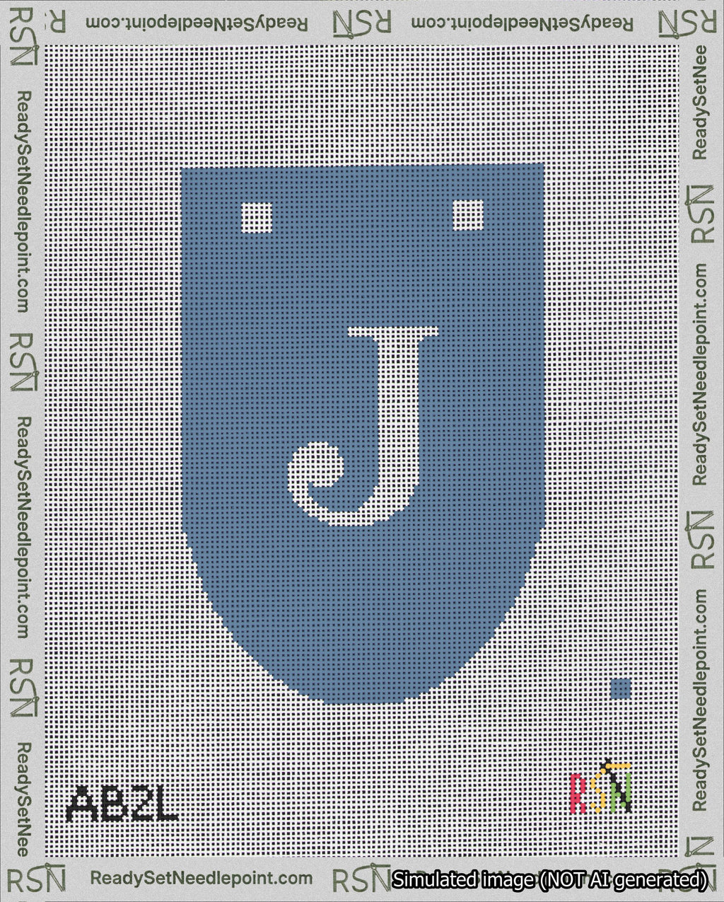 A taped needlepoint canvas with the design: Banner 18 mesh count Rounded J White on Blue.