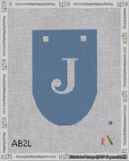 A taped needlepoint canvas with the design: Banner 18 mesh count Rounded J White on Blue.