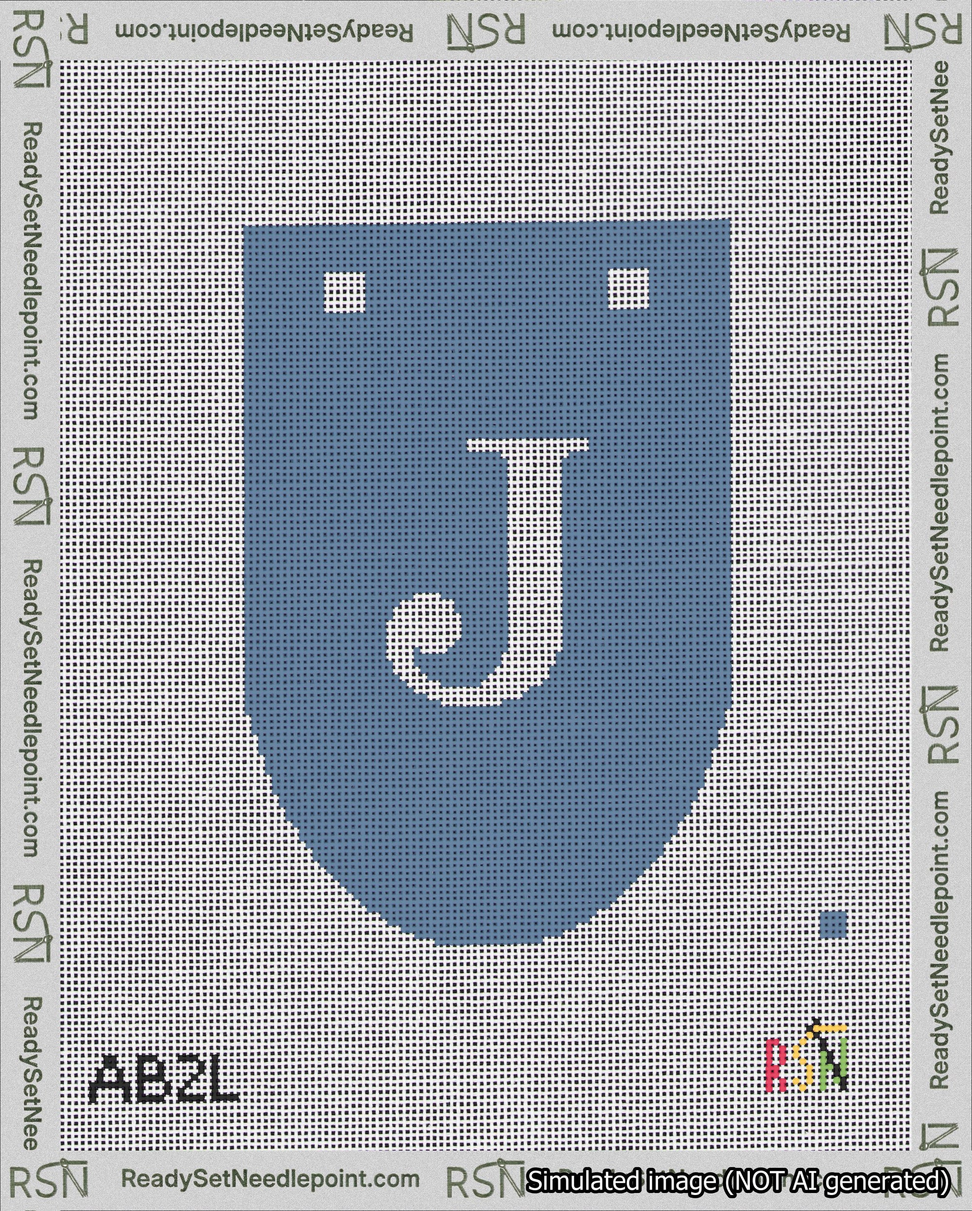 A taped needlepoint canvas with the design: Banner 18 mesh count Rounded J White on Blue.