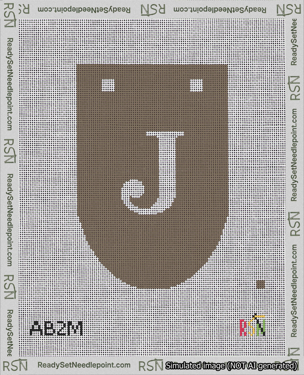 A taped needlepoint canvas with the design: Banner 18 mesh count Rounded J White on Brown.