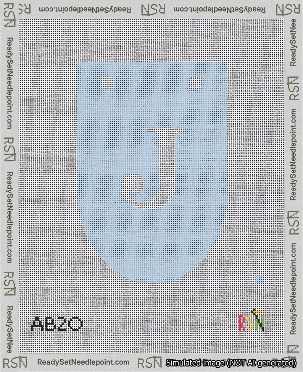 A taped needlepoint canvas with the design: Banner 18 mesh count Rounded J White on Light Blue.