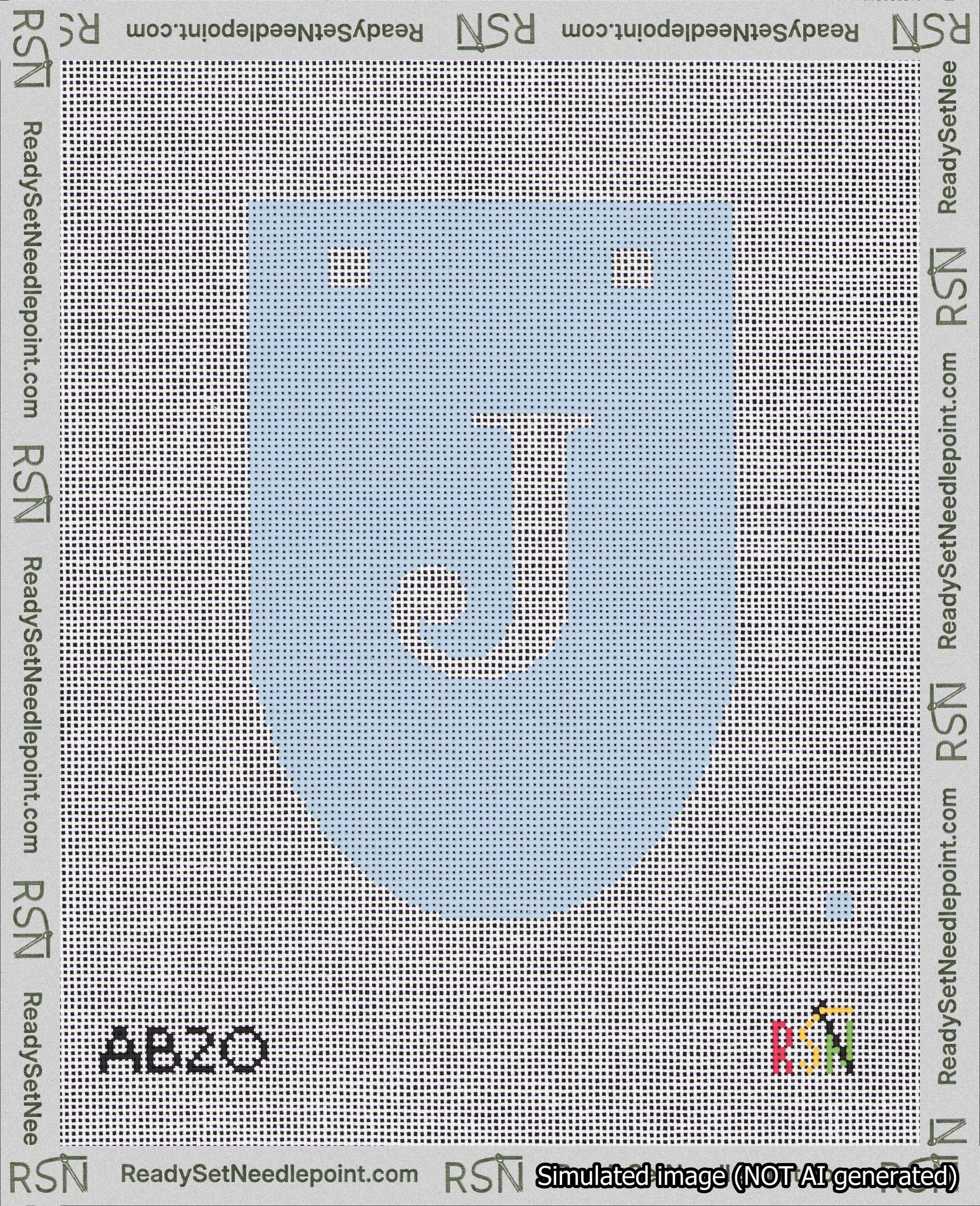 A taped needlepoint canvas with the design: Banner 18 mesh count Rounded J White on Light Blue.