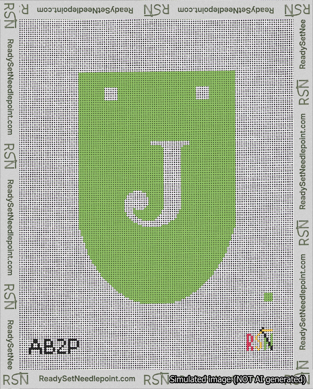 A taped needlepoint canvas with the design: Banner 18 mesh count Rounded J White on Light Green.