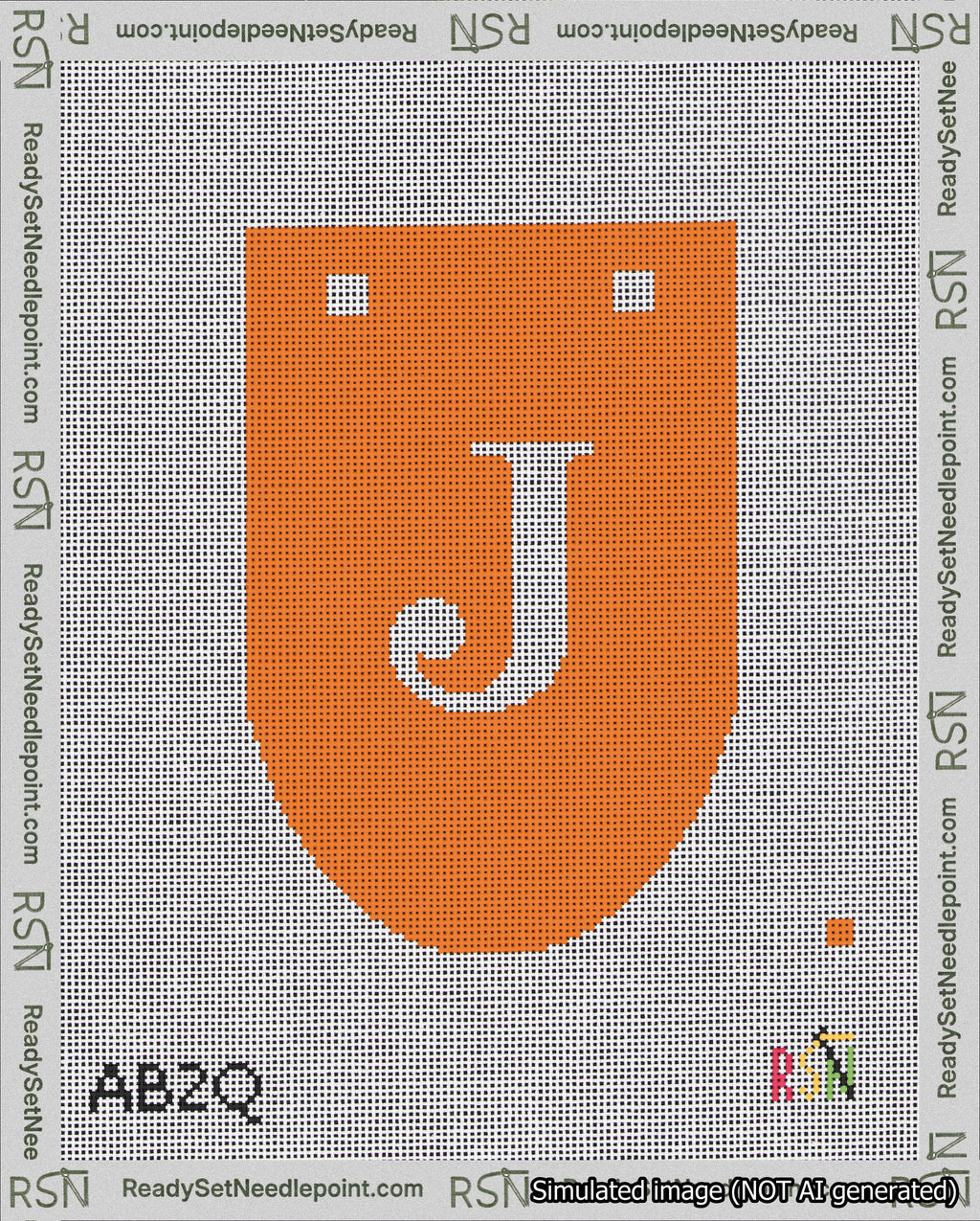 A taped needlepoint canvas with the design: Banner 18 mesh count Rounded J White on Orange.