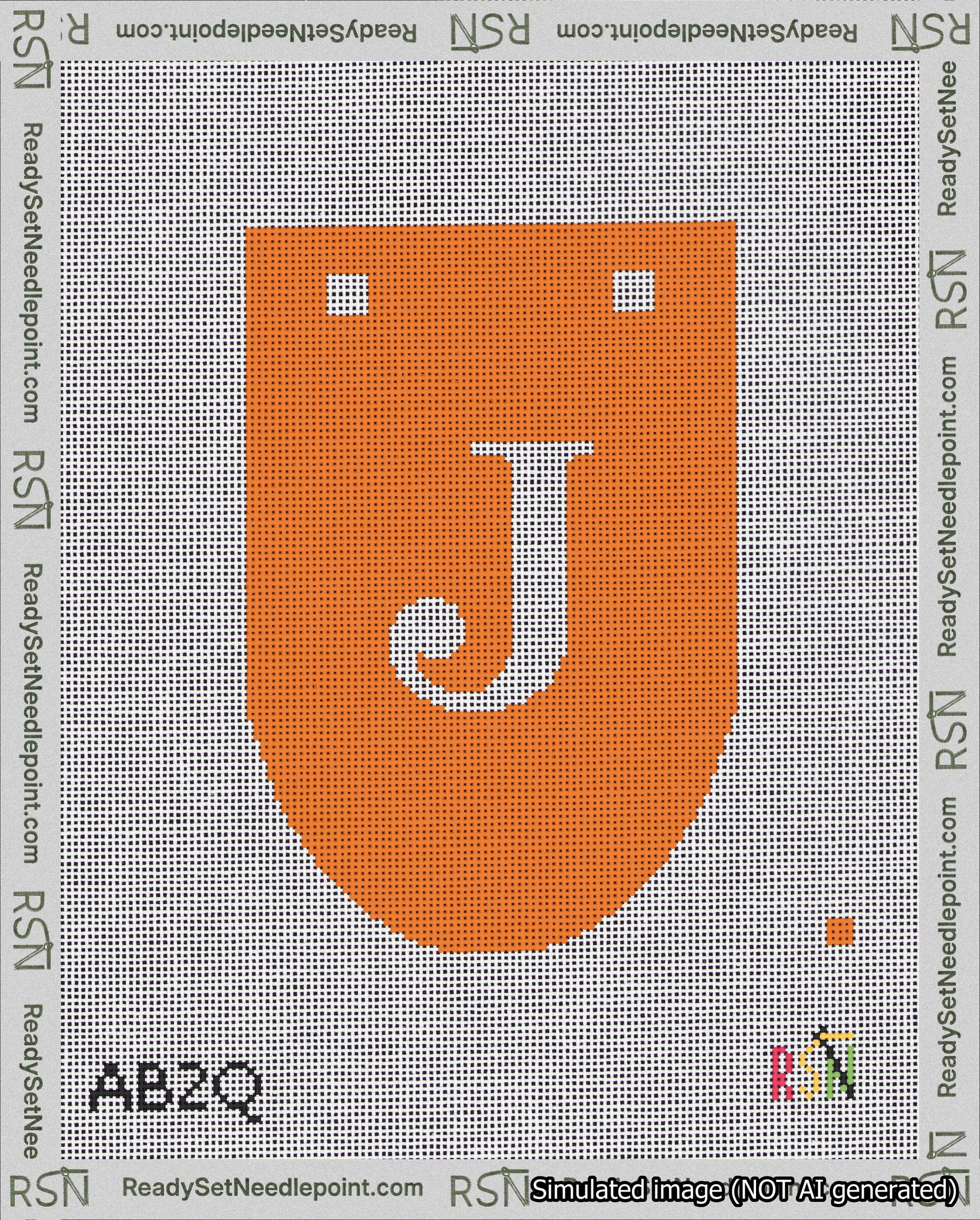 A taped needlepoint canvas with the design: Banner 18 mesh count Rounded J White on Orange.