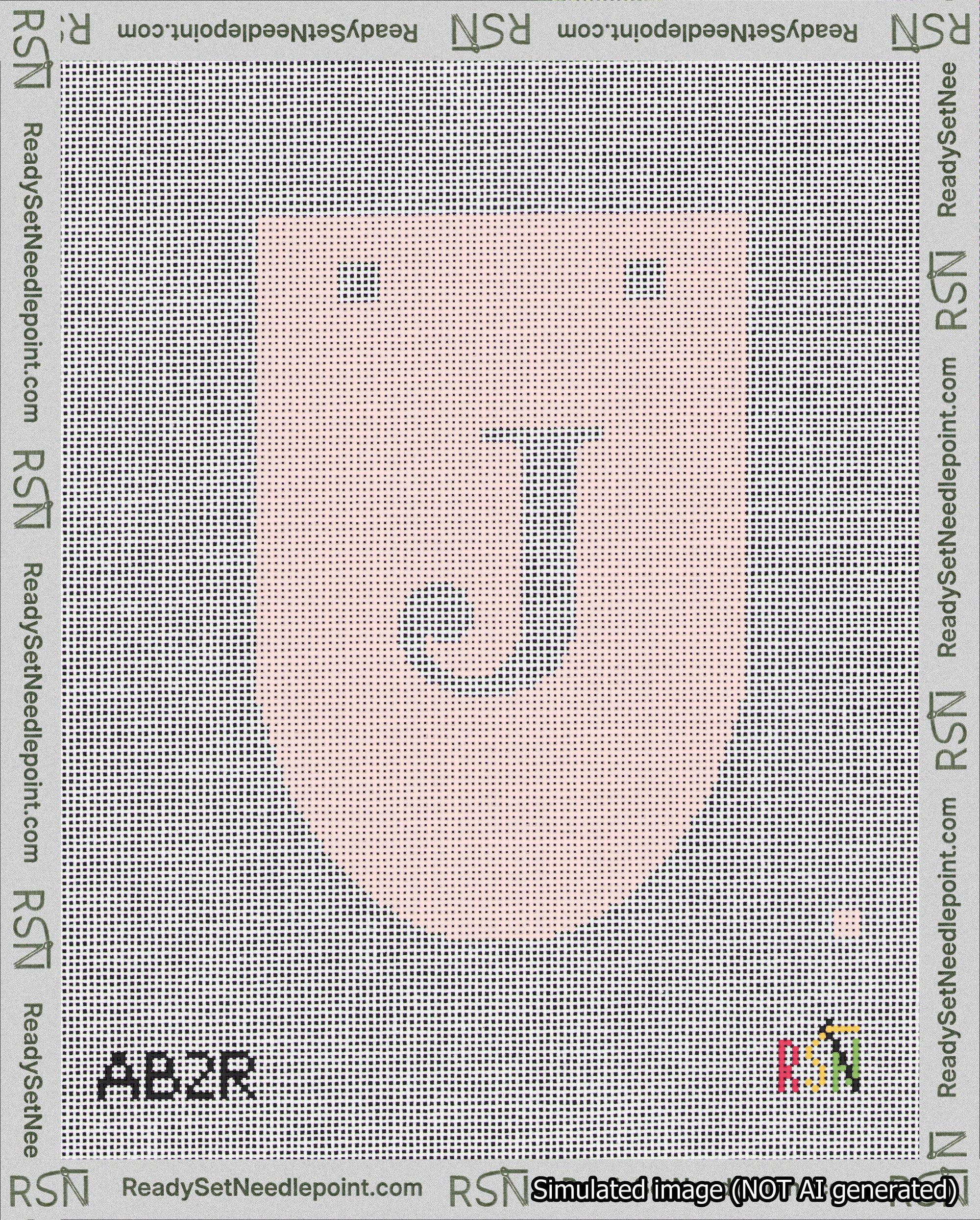 A taped needlepoint canvas with the design: Banner 18 mesh count Rounded J White on Pink.