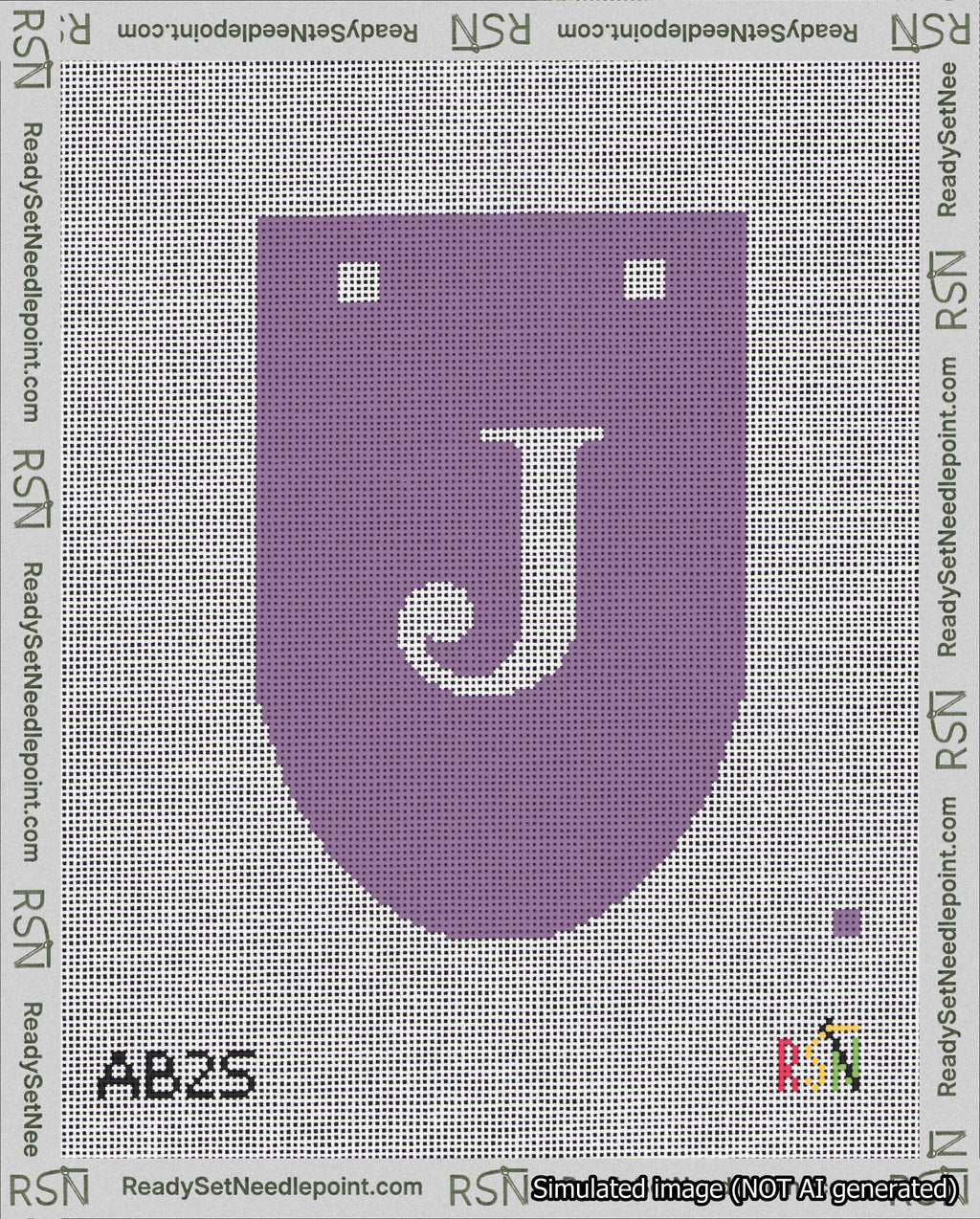 A taped needlepoint canvas with the design: Banner 18 mesh count Rounded J White on Purple.