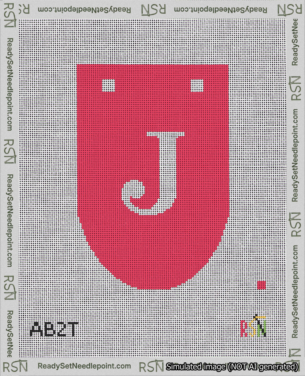 A taped needlepoint canvas with the design: Banner 18 mesh count Rounded J White on Red.