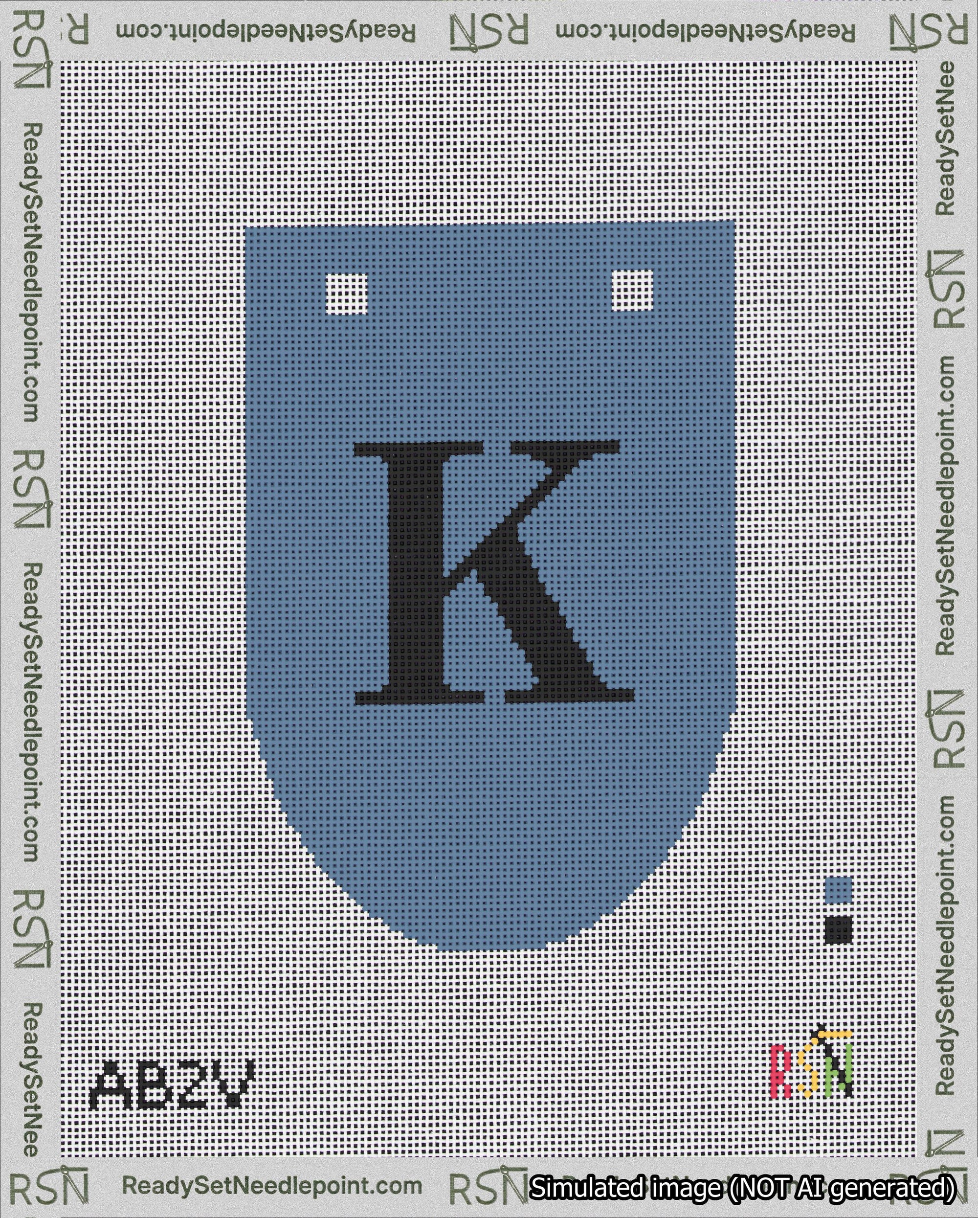 A taped needlepoint canvas with the design: Banner 18 mesh count Rounded K Black on Blue.