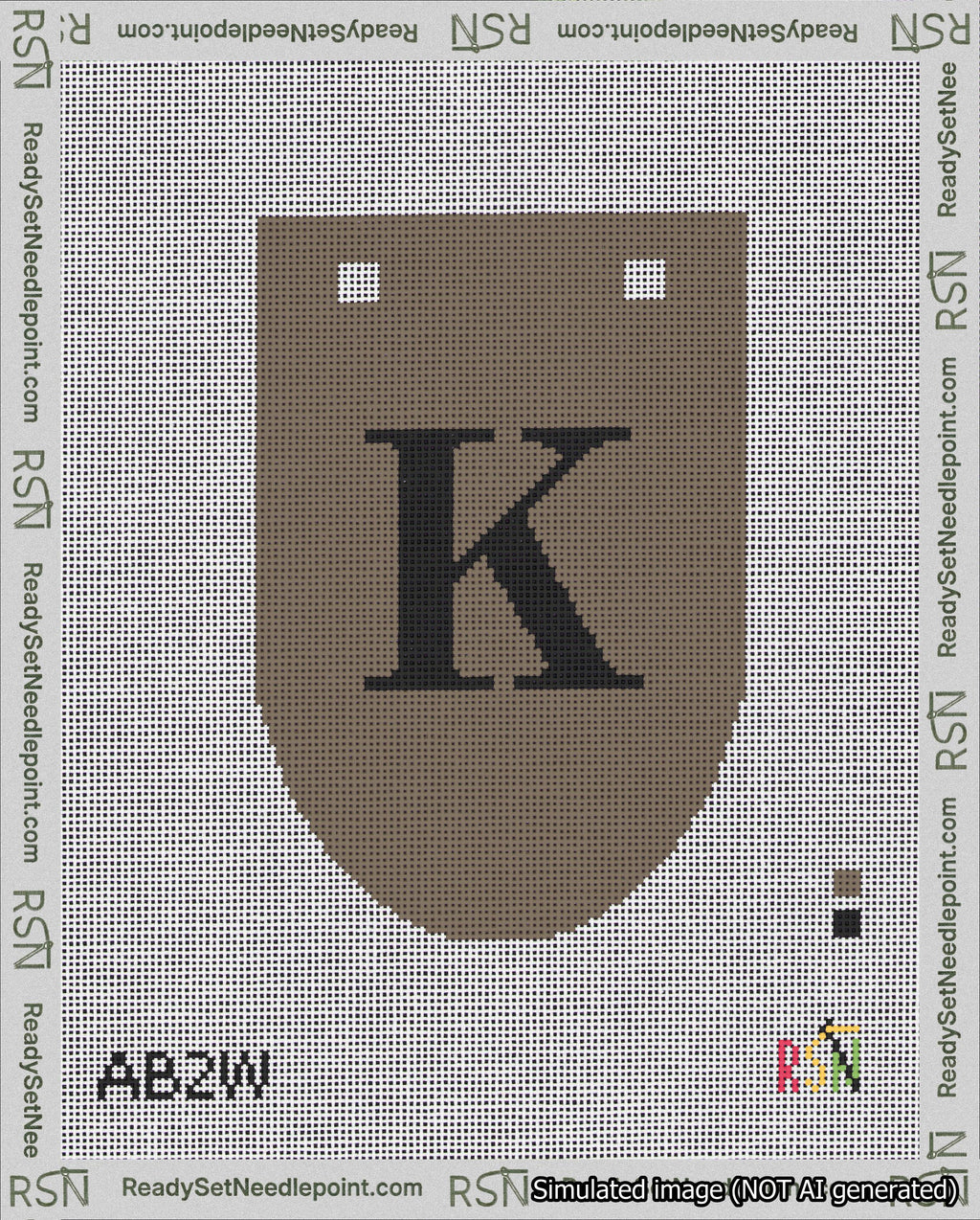A taped needlepoint canvas with the design: Banner 18 mesh count Rounded K Black on Brown.