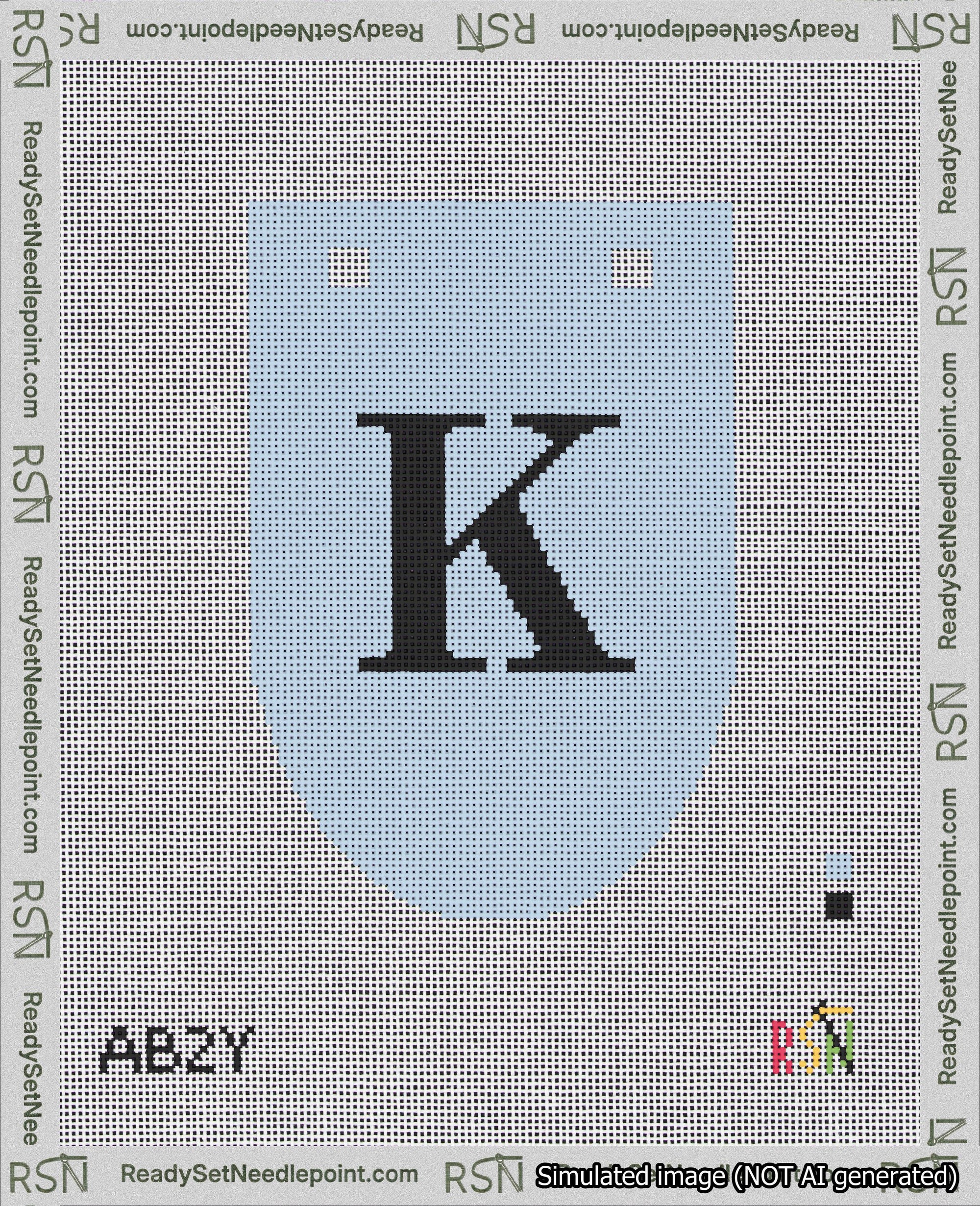 A taped needlepoint canvas with the design: Banner 18 mesh count Rounded K Black on Light Blue.