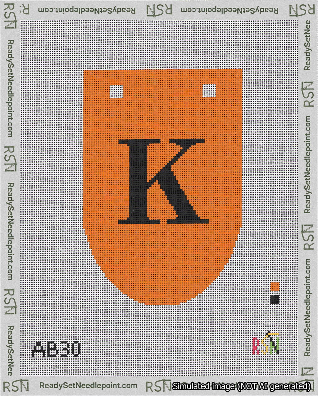 A taped needlepoint canvas with the design: Banner 18 mesh count Rounded K Black on Orange.