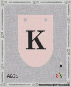 A taped needlepoint canvas with the design: Banner 18 mesh count Rounded K Black on Pink.