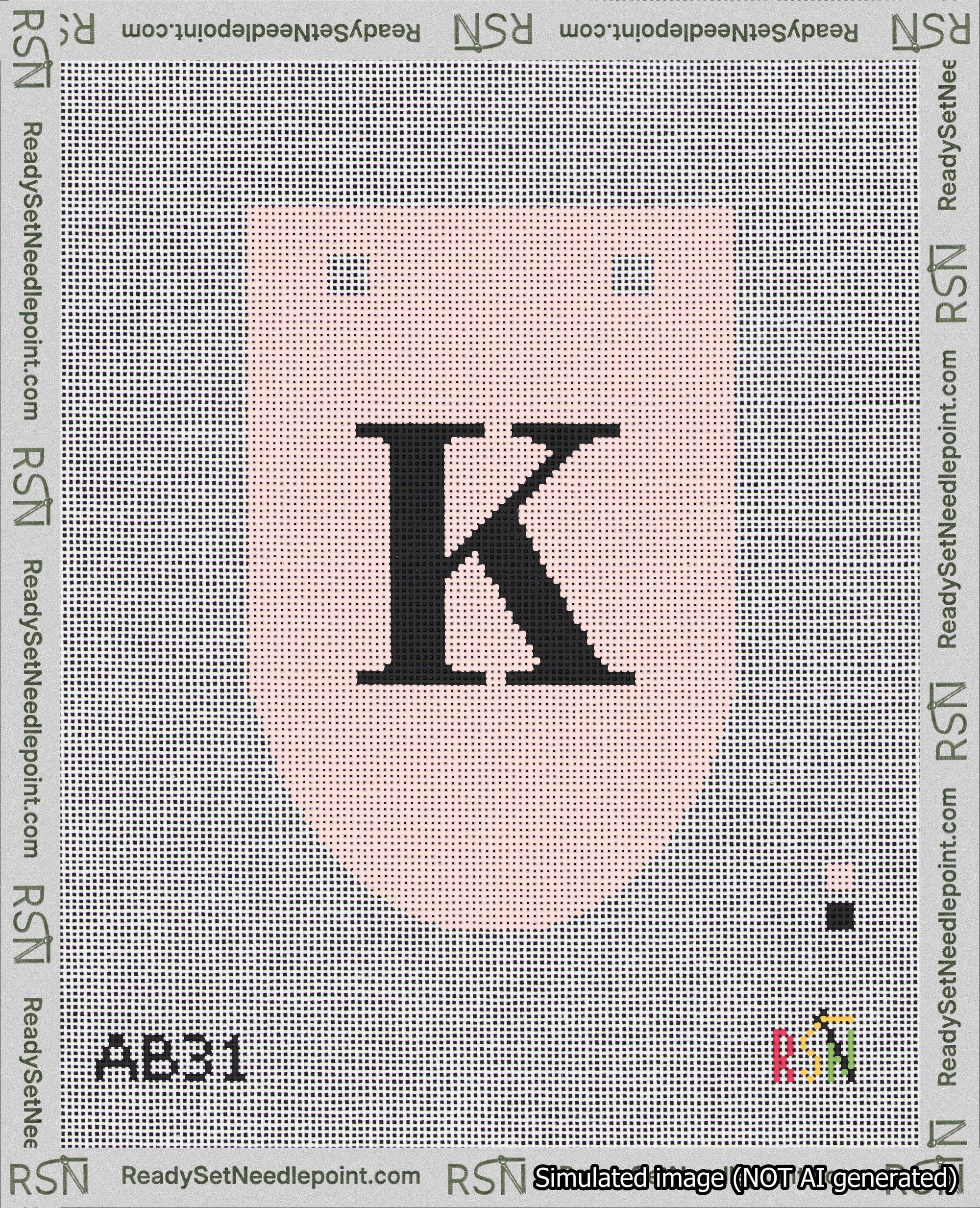 A taped needlepoint canvas with the design: Banner 18 mesh count Rounded K Black on Pink.
