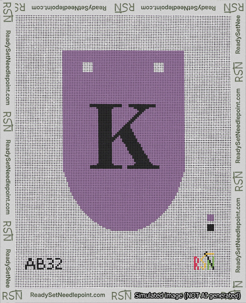A taped needlepoint canvas with the design: Banner 18 mesh count Rounded K Black on Purple.