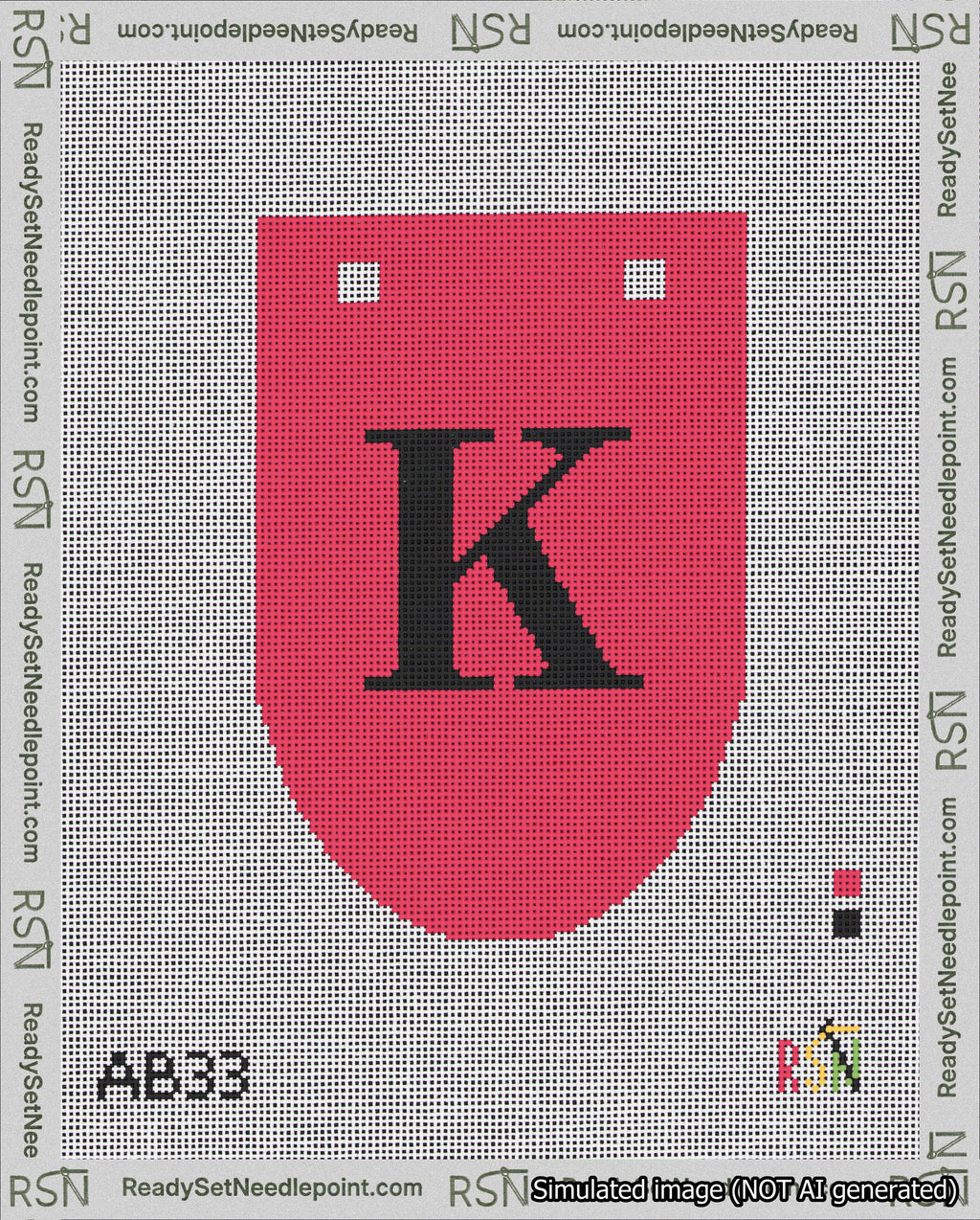 A taped needlepoint canvas with the design: Banner 18 mesh count Rounded K Black on Red.