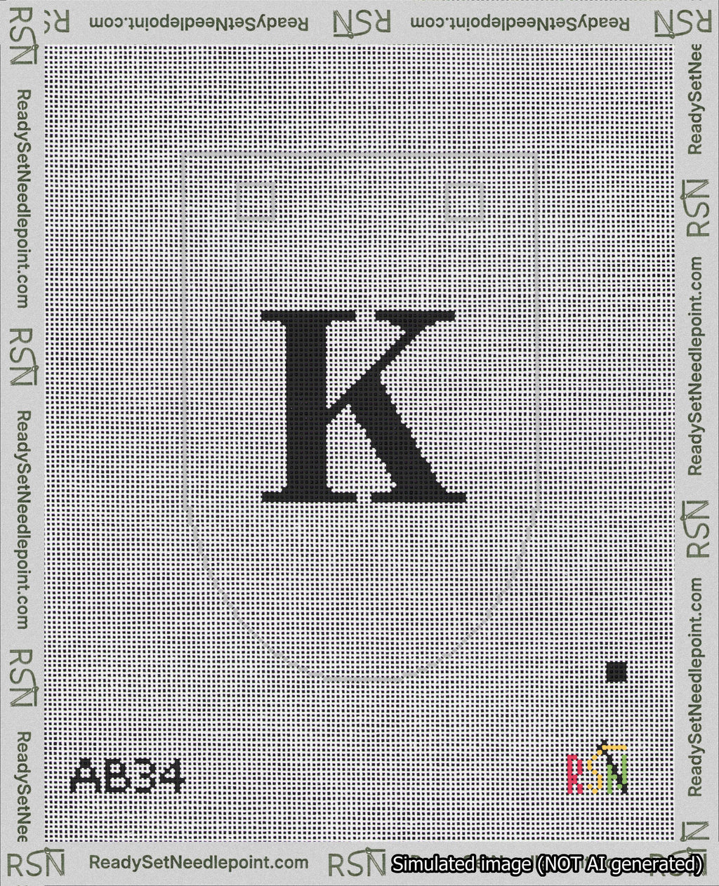 A taped needlepoint canvas with the design: Banner 18 mesh count Rounded K Black on White.