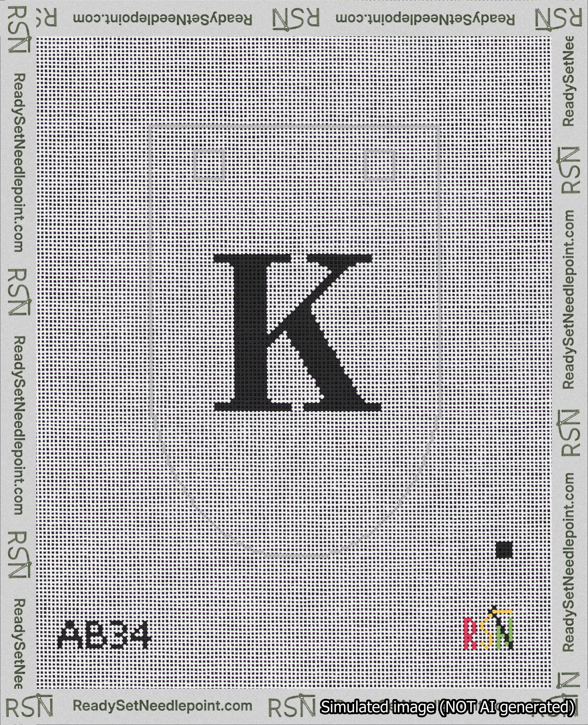 A taped needlepoint canvas with the design: Banner 18 mesh count Rounded K Black on White.
