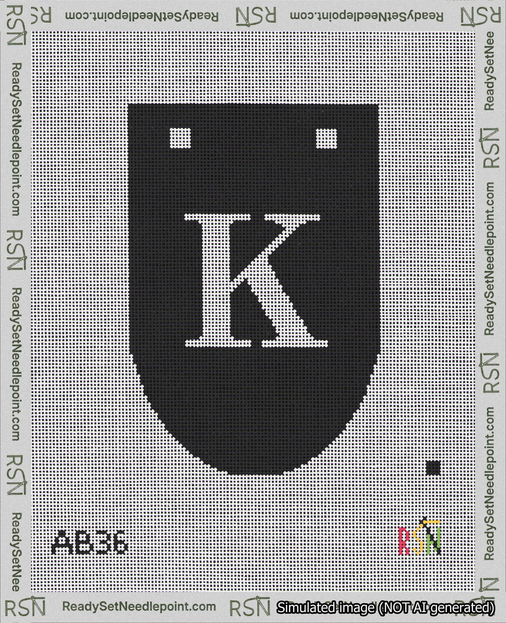 A taped needlepoint canvas with the design: Banner 18 mesh count Rounded K White on Black.