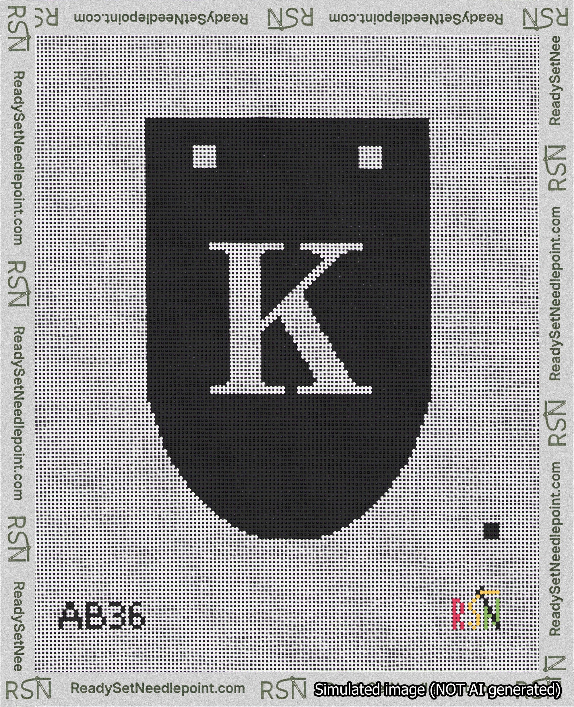 A taped needlepoint canvas with the design: Banner 18 mesh count Rounded K White on Black.