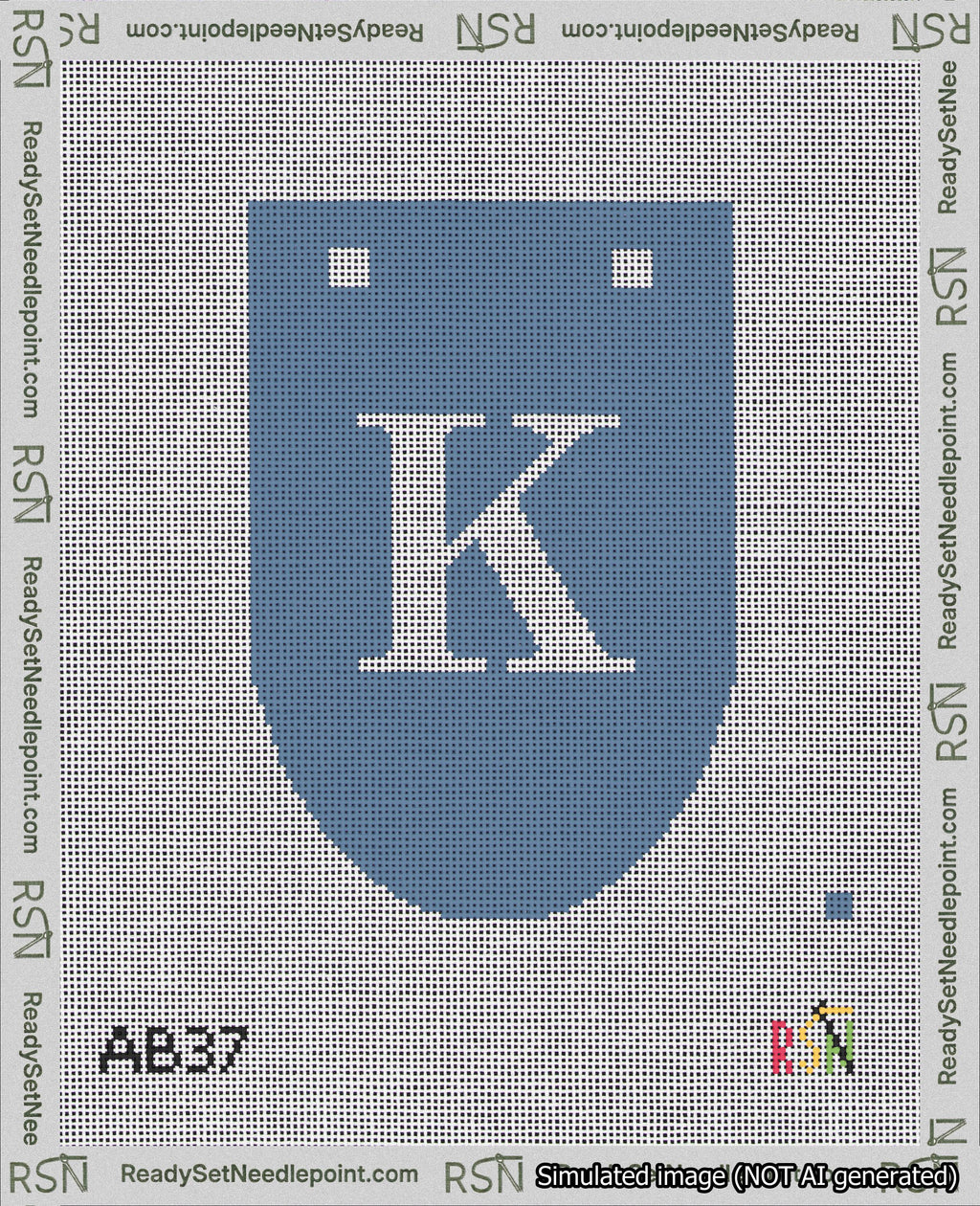A taped needlepoint canvas with the design: Banner 18 mesh count Rounded K White on Blue.