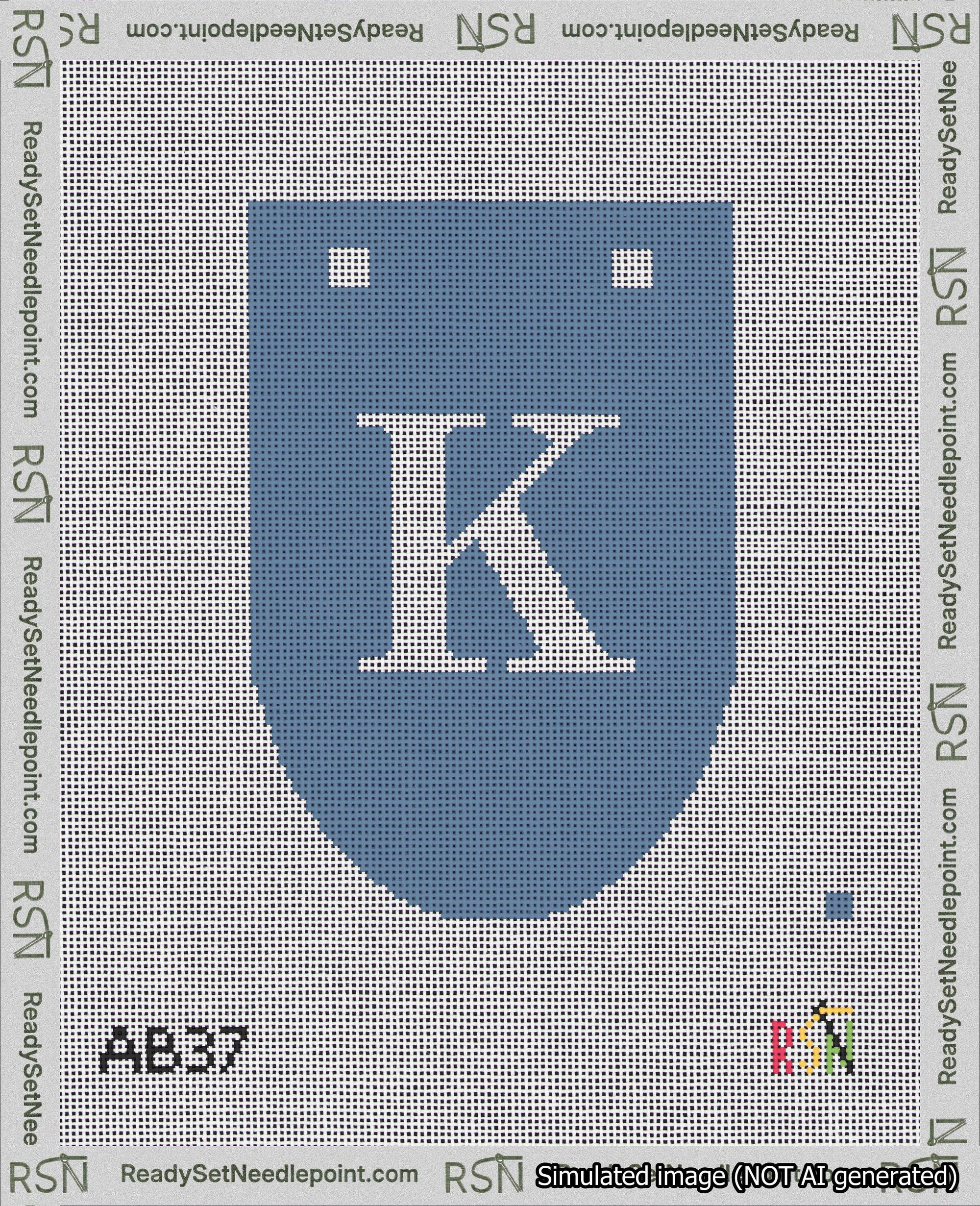 A taped needlepoint canvas with the design: Banner 18 mesh count Rounded K White on Blue.